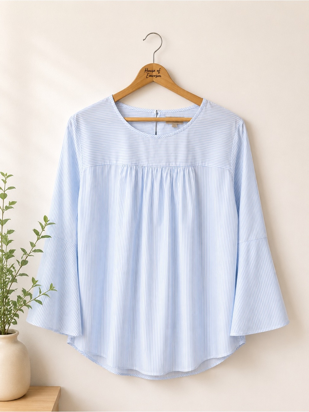 LOFT Light Blue Pinstripe Peasant Blouse Size L